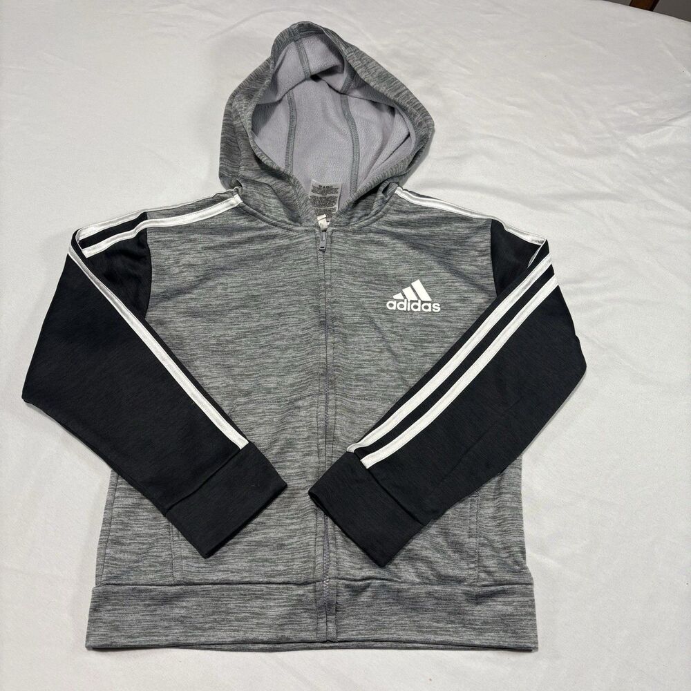 Adidas Boys Size 6 Hooded Full Zip Jacket Charcoal Heather Gray Black Hoodie
